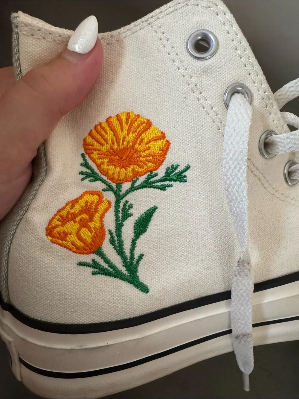 Converse White High Top Sneakers with Yellow Floral Detail